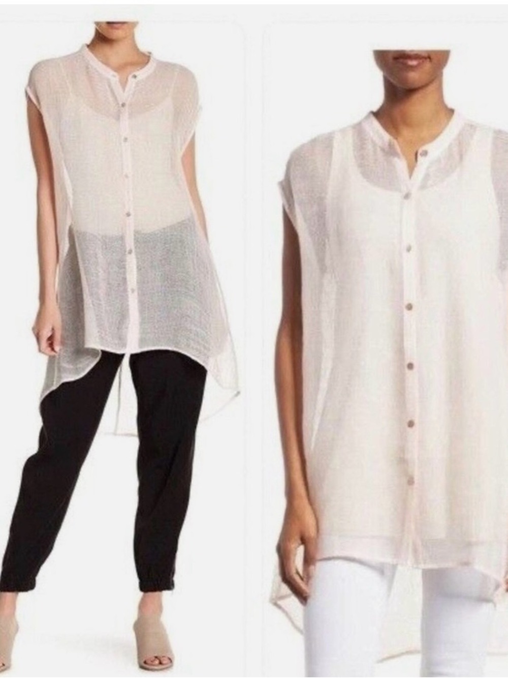 Eileen Fisher Ivory Sheer Sleeveless Button-Front Tunic